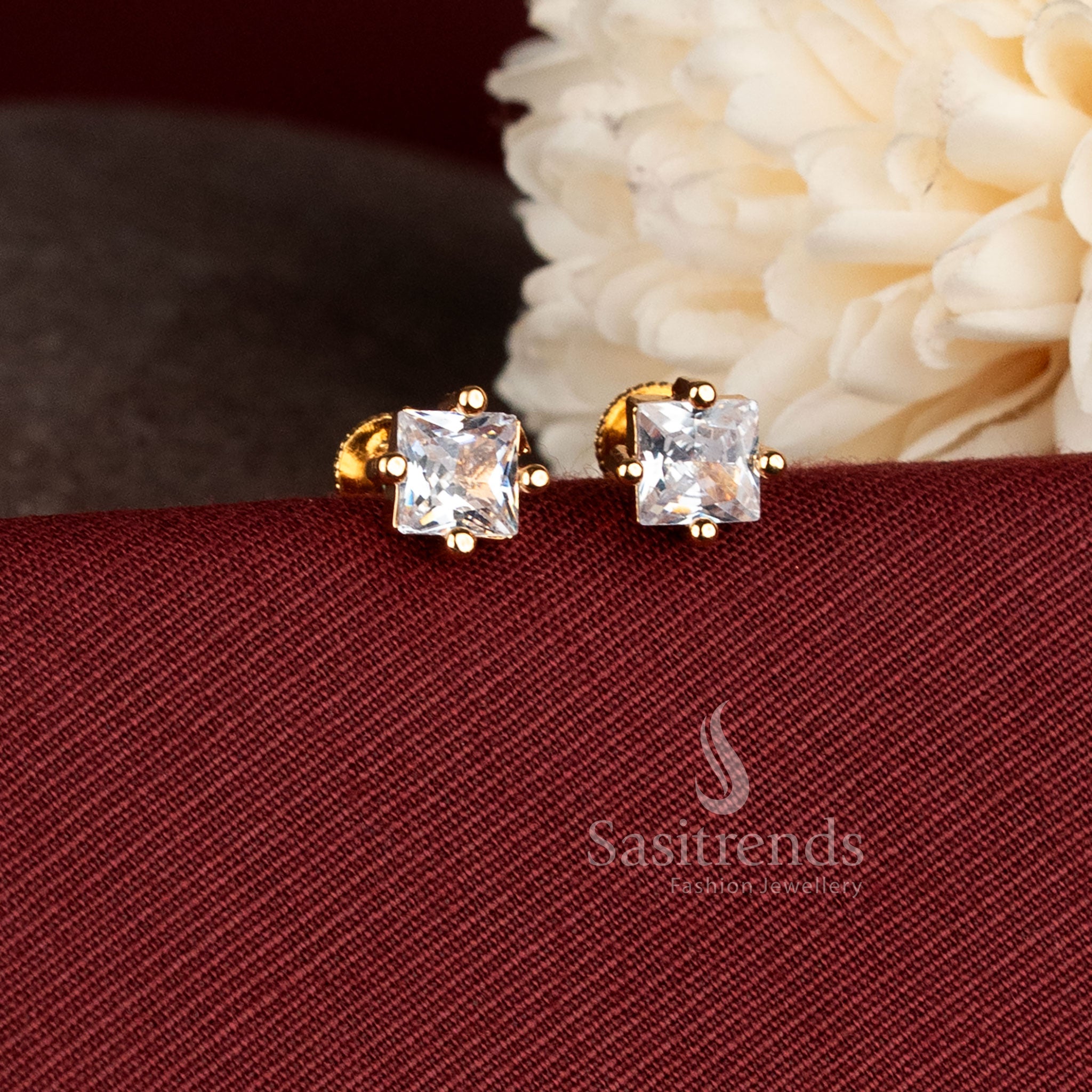 Radiant square stone micro gold plated stud earrings with elegant geometric design and screw-back closure - Sasitrends.