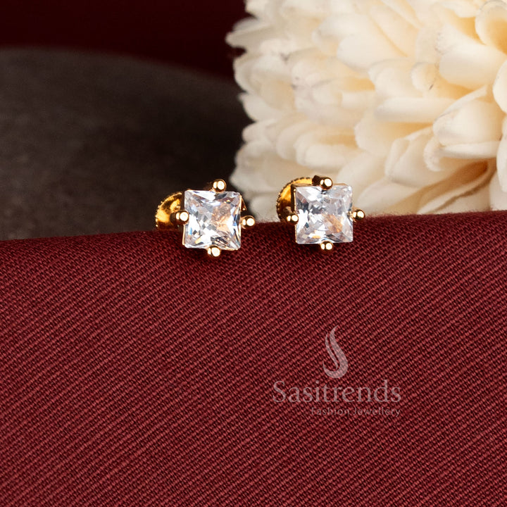 Radiant square stone micro gold plated stud earrings with elegant geometric design and screw-back closure - Sasitrends.