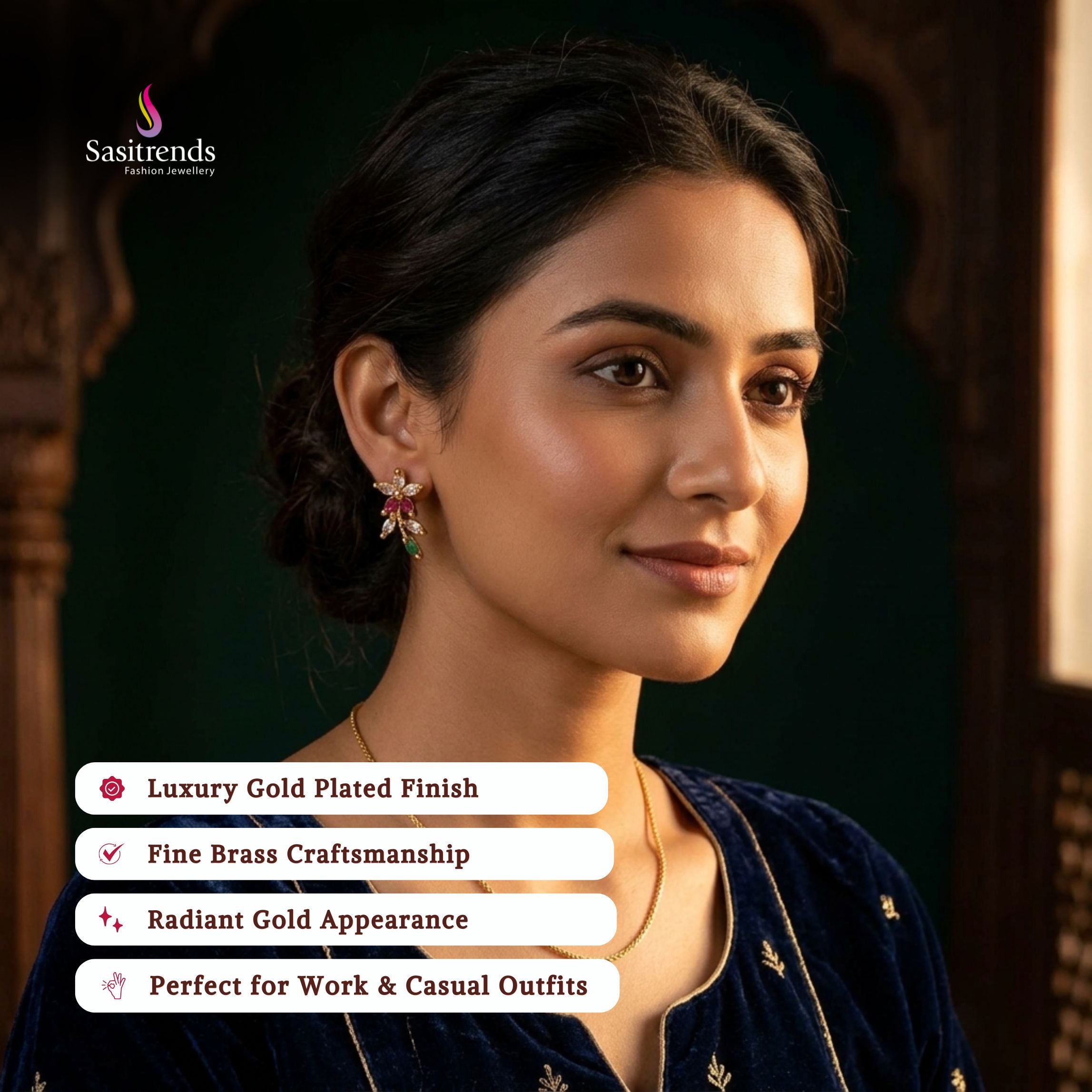 Guaranteed Micro gold plated AD stone earrings model image - Sasitrends