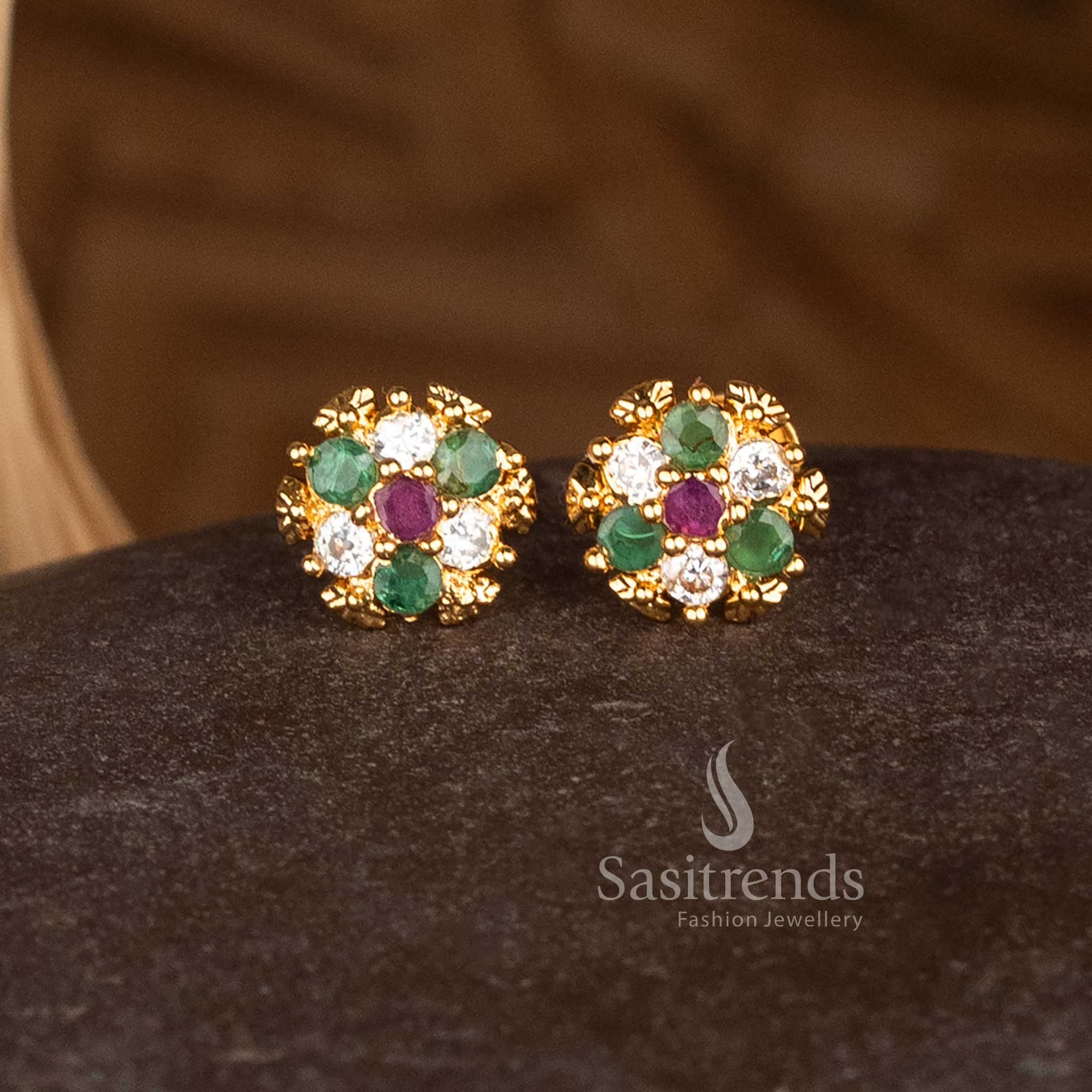 Elegant 24 Carat Gold Look Star Rosette Floral AD Stud Earrings for Wedding Wear – Sasitrends