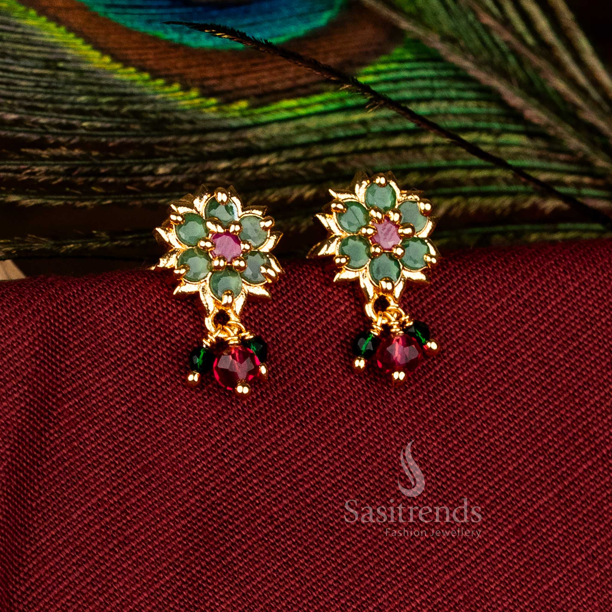 Regal Micro Gold Plated Floral Cluster Dangle Earrings with Pearl Drops in Ruby-Green, Ideal for Party and Festive Wedding Jewellery – Sasitrends