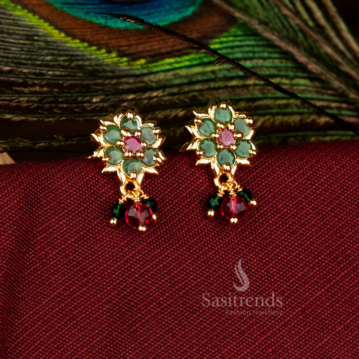 Regal Micro Gold Plated Floral Cluster Dangle Earrings with Pearl Drops in Ruby-Green, Ideal for Party and Festive Wedding Jewellery – Sasitrends