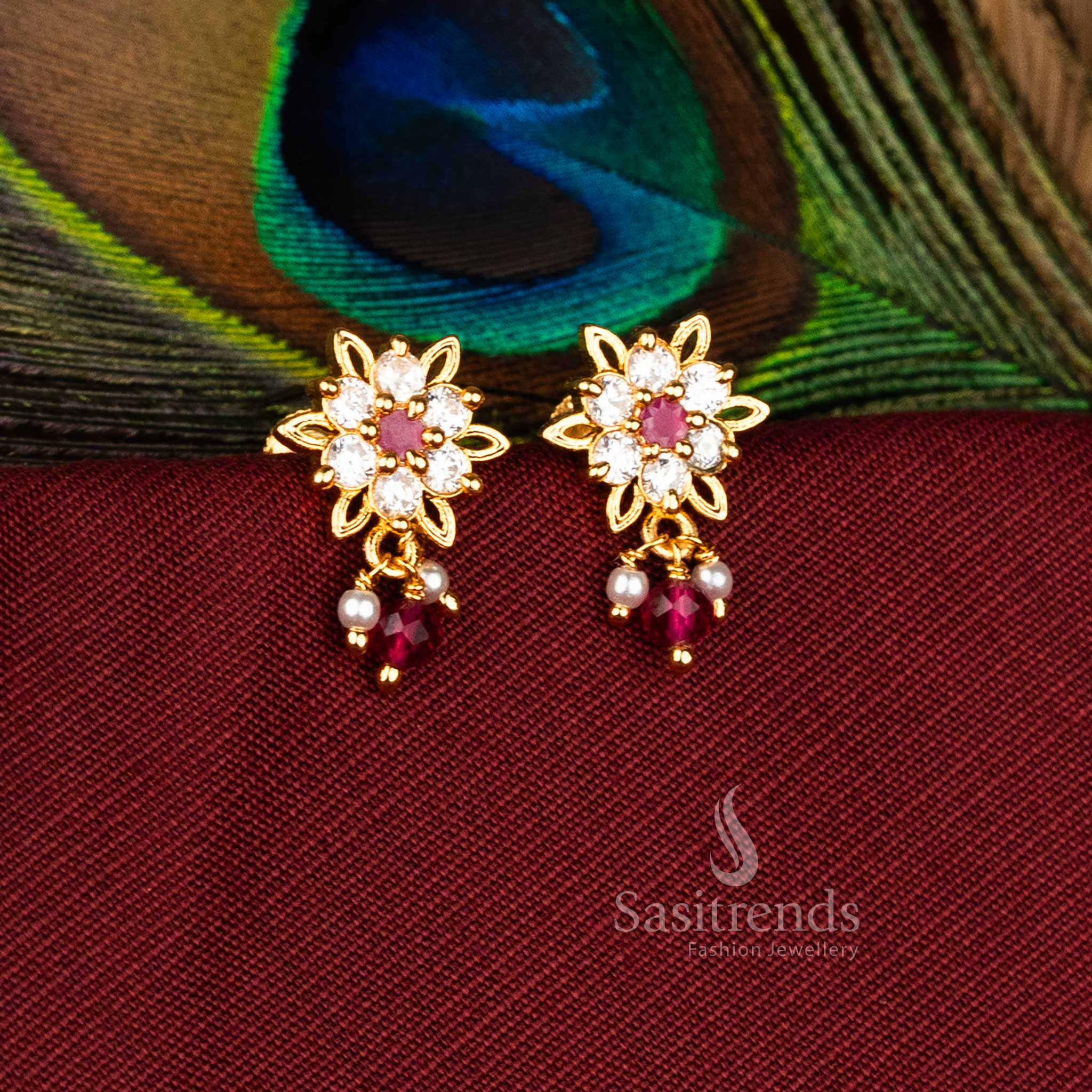 Exquisite Traditional Micro Gold Plated AD Flower Earrings with Jagged Edge and Pearl Drops – Sasitrends