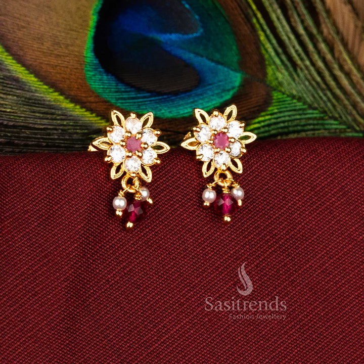 Exquisite Micro Gold Plated AD Flower Earrings with Jagged Edge and Pearl Drops for Weddings