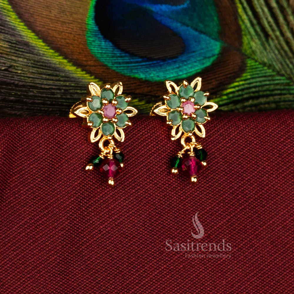 Exquisite Traditional Micro Gold Plated AD Flower Earrings with Jagged Edge and Pearl Drops – Sasitrends