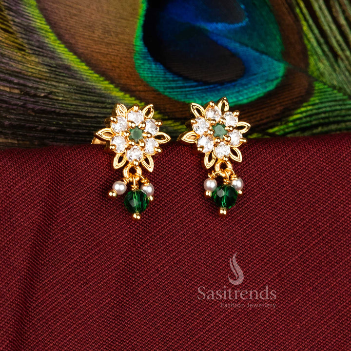 Guaranteed One Gram Gold Look Jagged Edge Flower Earrings with AD Stones and Pearl Drops – Sasitrends
