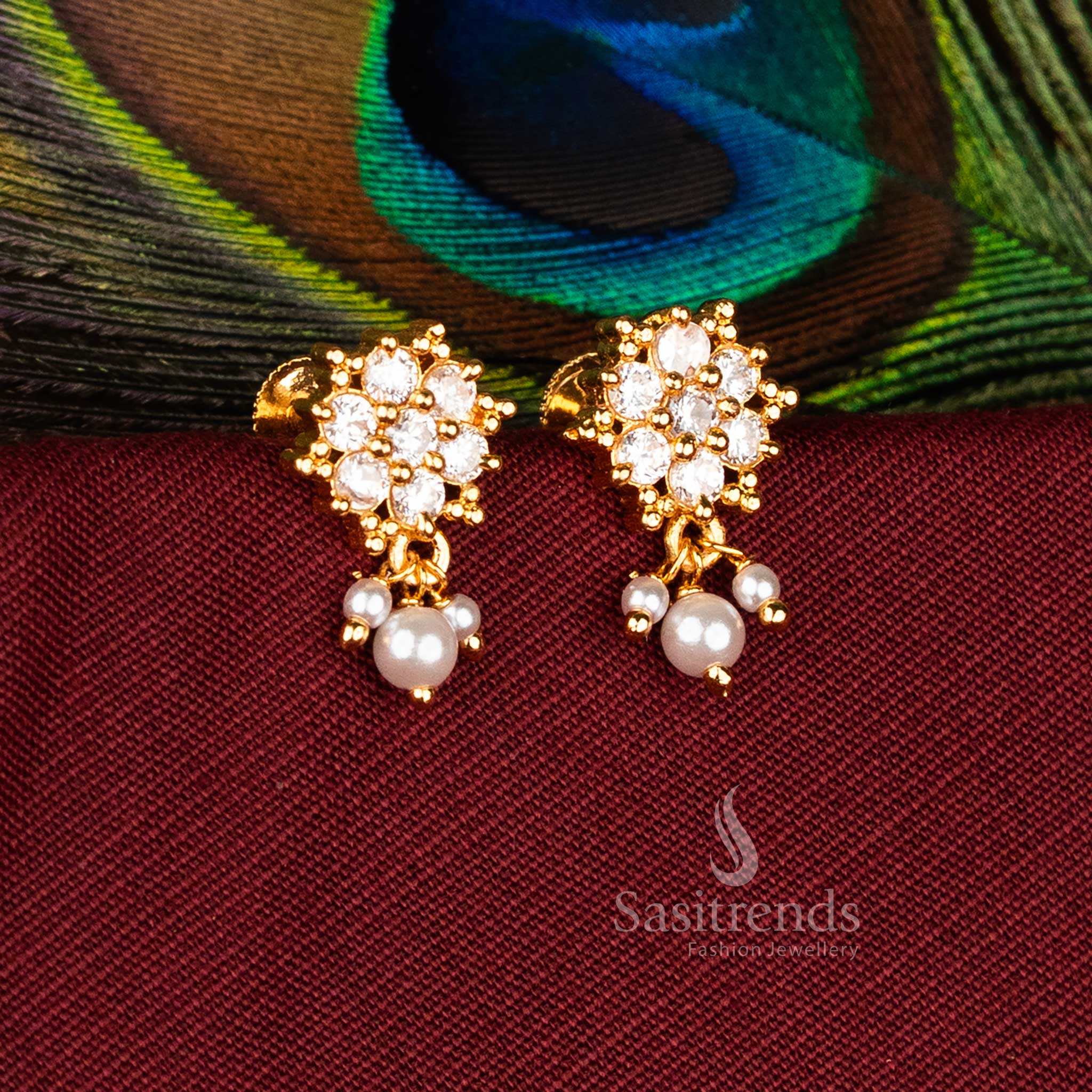Micro Gold Plated AD Round Cut Floral Earrings with Pearl Drops for Weddings and Festivals – Sasitrends