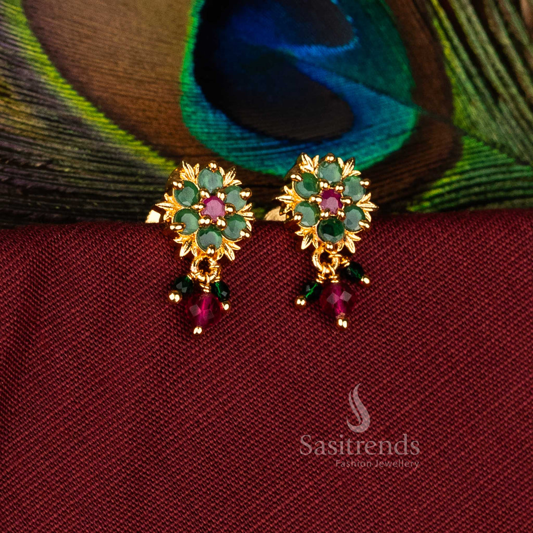 Micro Gold Plated AD Ornate Petal Rosette Dangle Earrings with Briolette and Pearl Drops for Festive Wear – Sasitrends