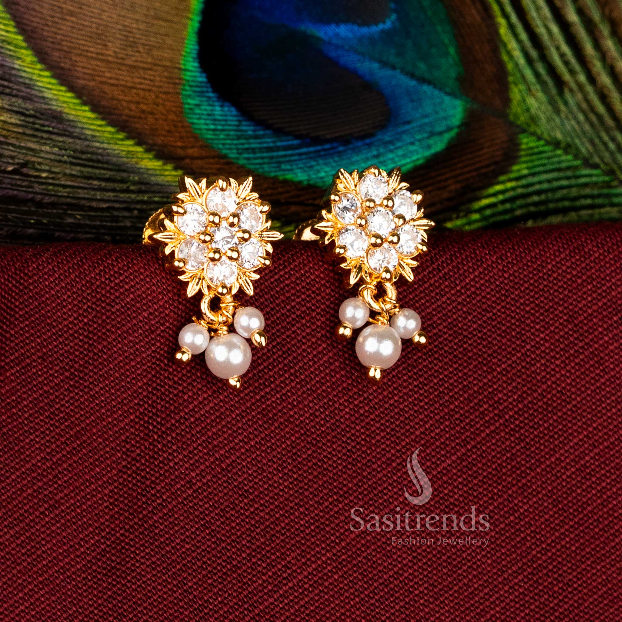 Guaranteed One Gram Gold Look Ornate Petal Rosette Earrings with AD Stones, Briolette and Pearl Drops – Sasitrends