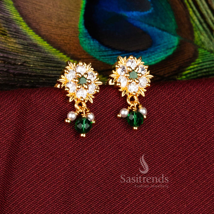 Guaranteed One Gram Gold Look Ornate Petal Rosette Earrings with AD Stones, Briolette and Pearl Drops – Sasitrends