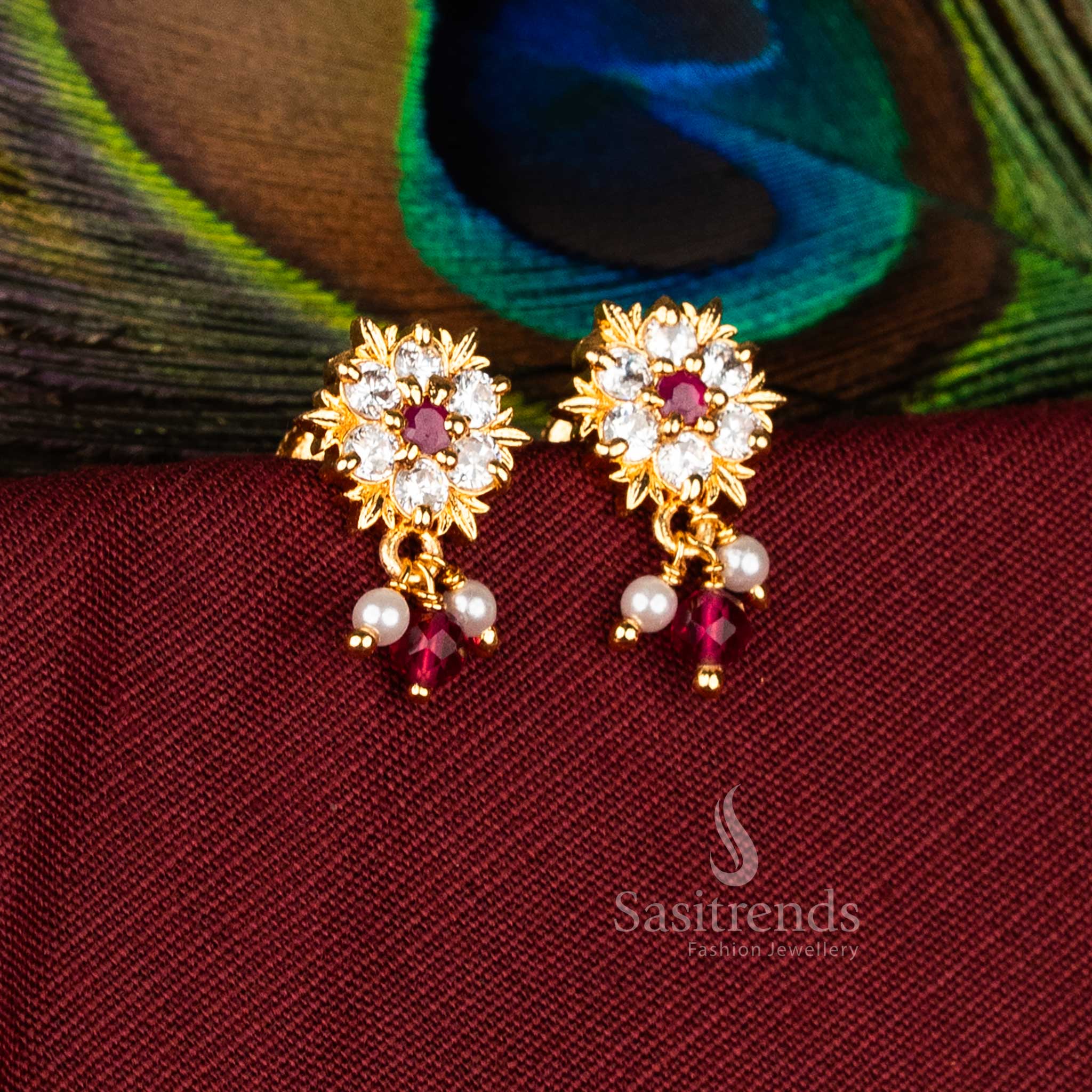 Guaranteed One Gram Gold Look Ornate Petal Rosette Earrings with AD Stones, Briolette and Pearl Drops – Sasitrends