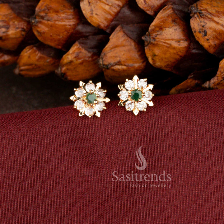 Guaranteed one gram Micro gold plated floral arrow ray white AD stone stud earrings for traditional styling - Sasitrends