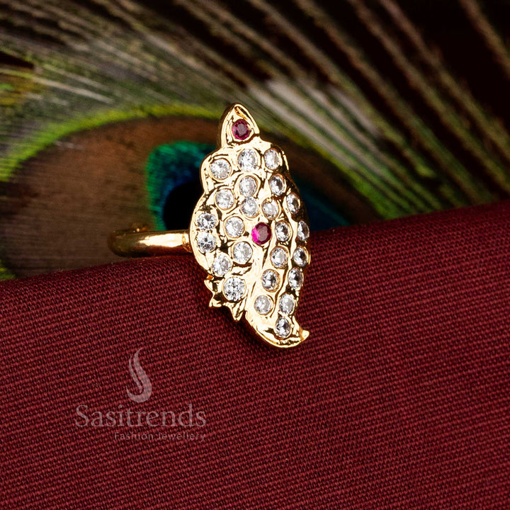 Impon Addigai Panchaloha leaf motif AD ring with 24K micro gold plating