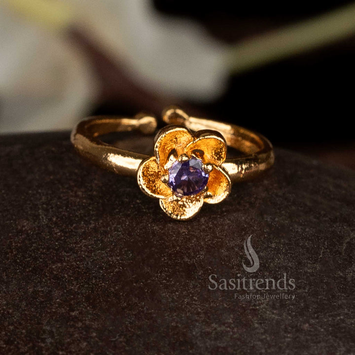 Traditional Guaranteed Impon Addigai Pachaloga micro gold plated purple AD stone floral ring for women - Sasitrends