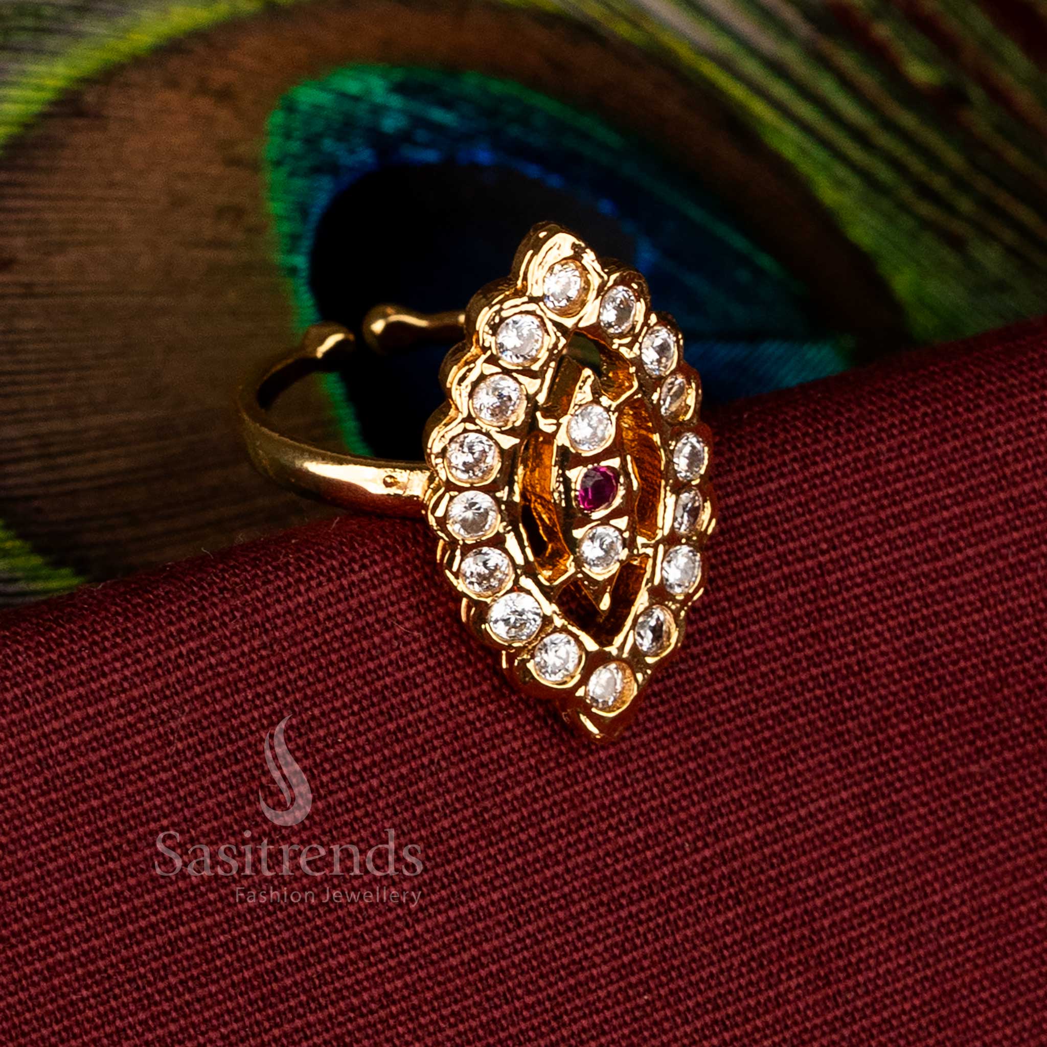 Guaranteed Impon Addigai Panchaloha marquise cluster white Ruby AD ring with 24K micro gold plating - Sasitrends
