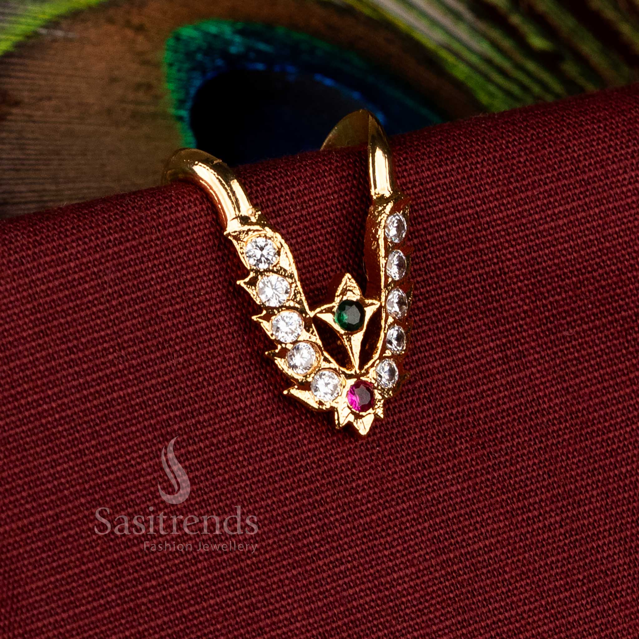 Traditional impon addigai micro gold plated v shape leaf motif multi AD stone panchaloha ring - Sasitrends