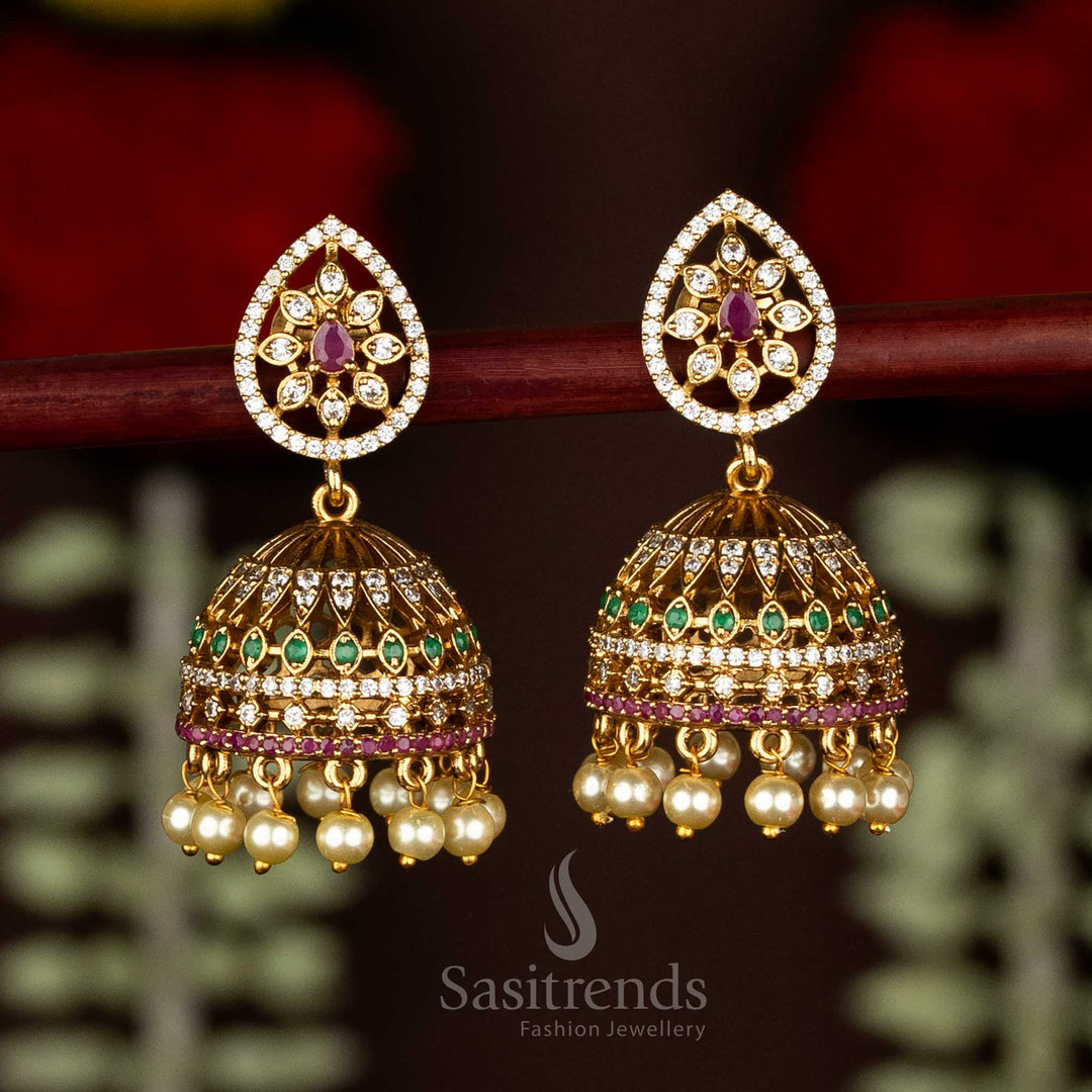 Sasitrends Temple Matte Gold Plated Multi AD Stone Teardrop Halo Jhumka Earrings with Pearl Drops