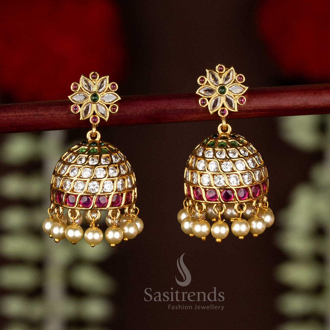 Sasitrends Temple Matte Gold Plated Multi AD Stone Floral Top Jhumka Earrings with Pearl Drops