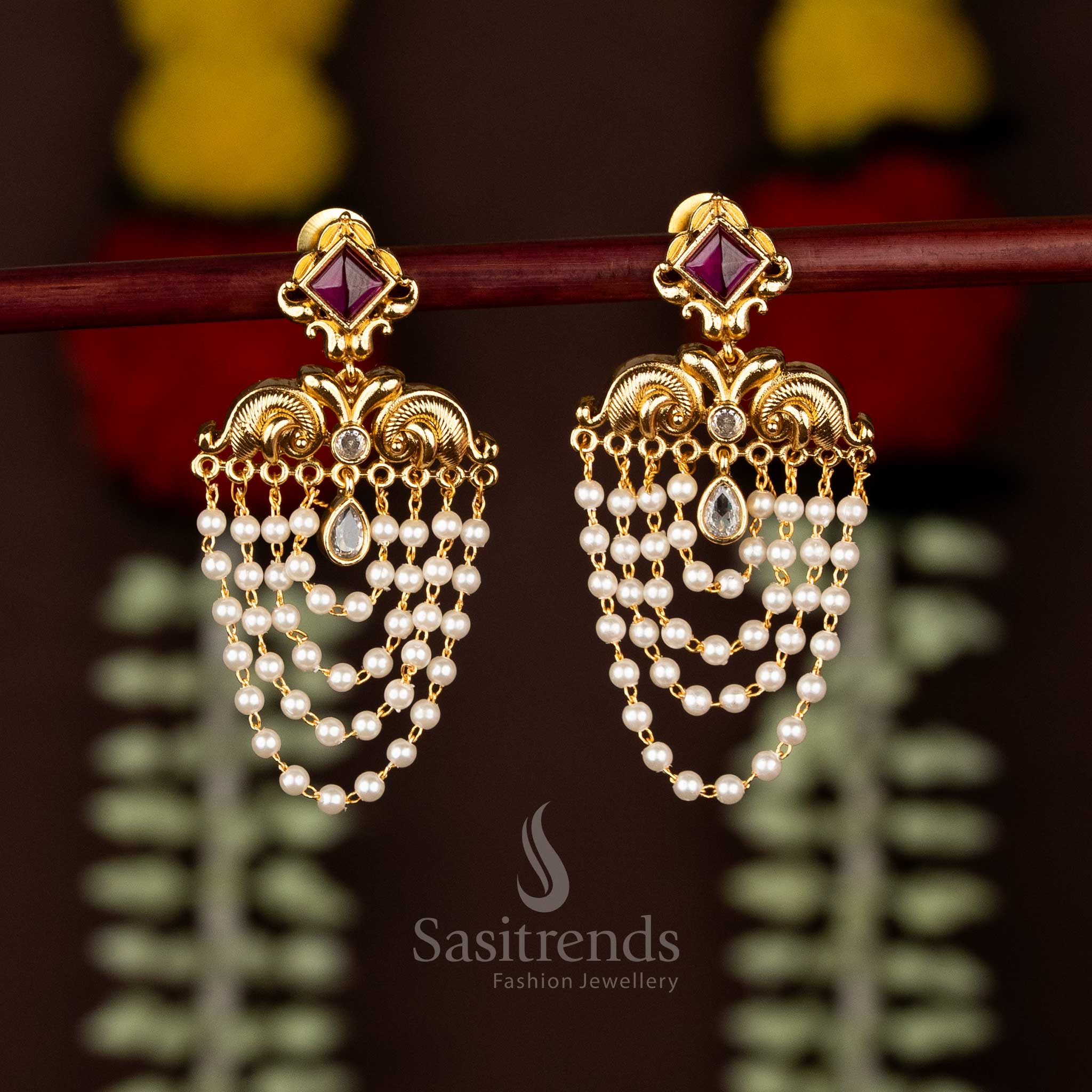 Sasitrends Traditional Temple Matte Gold White Ruby AD Stone Marquise-Cut Stud Earrings with Pearl Jhalar Drops