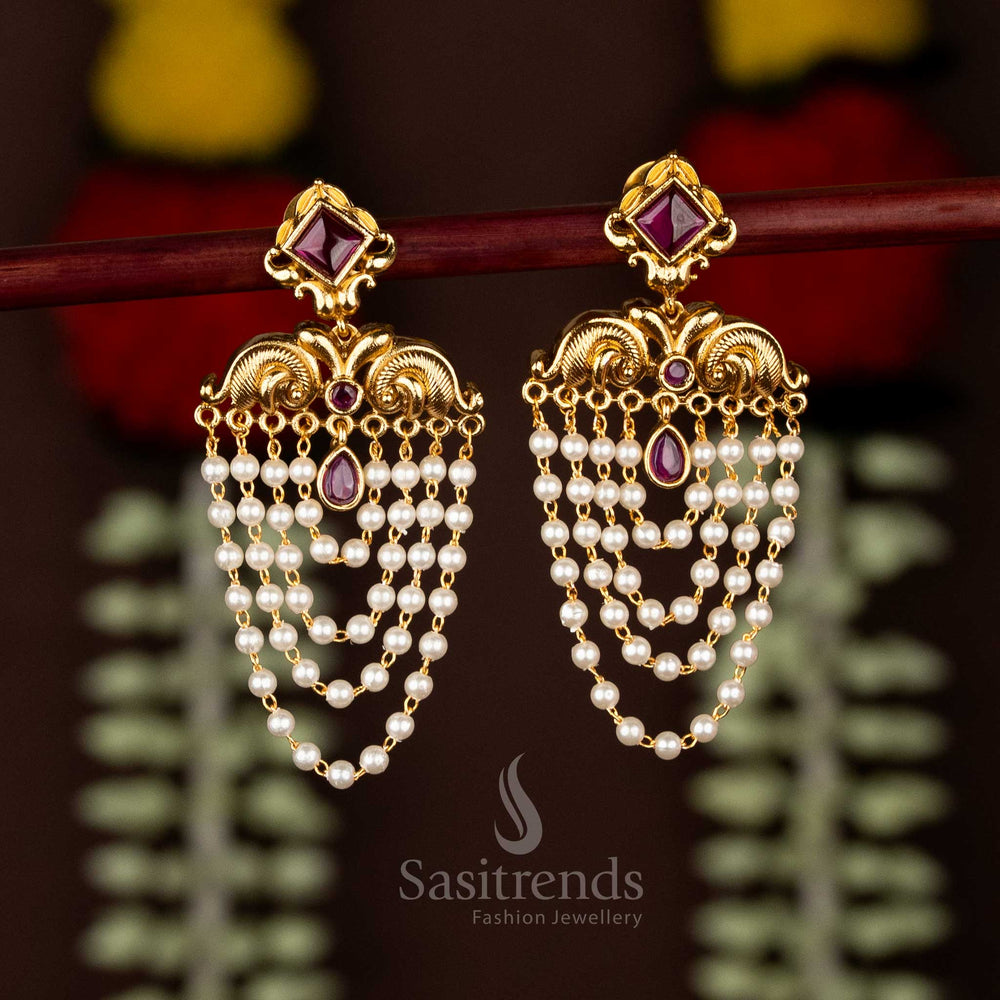 Sasitrends Traditional Temple Matte Gold Ruby AD Stone Marquise-Cut Stud Earrings with Pearl Jhalar Drops