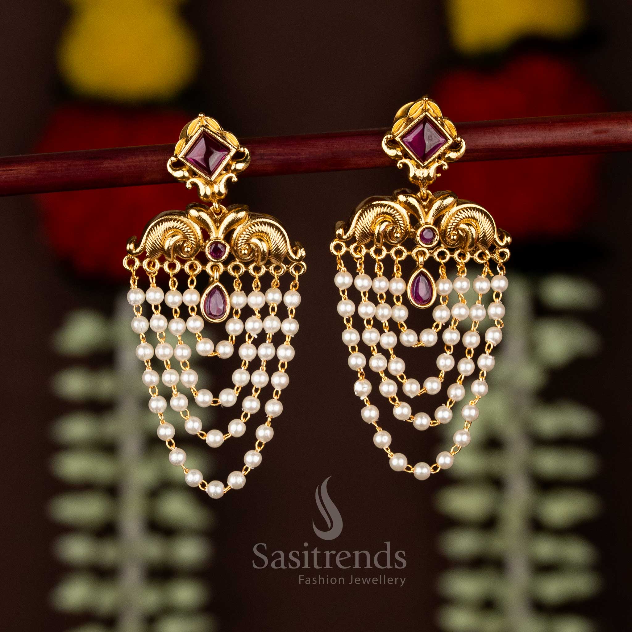 Sasitrends Traditional Temple Matte Gold Ruby AD Stone Marquise-Cut Stud Earrings with Pearl Jhalar Drops
