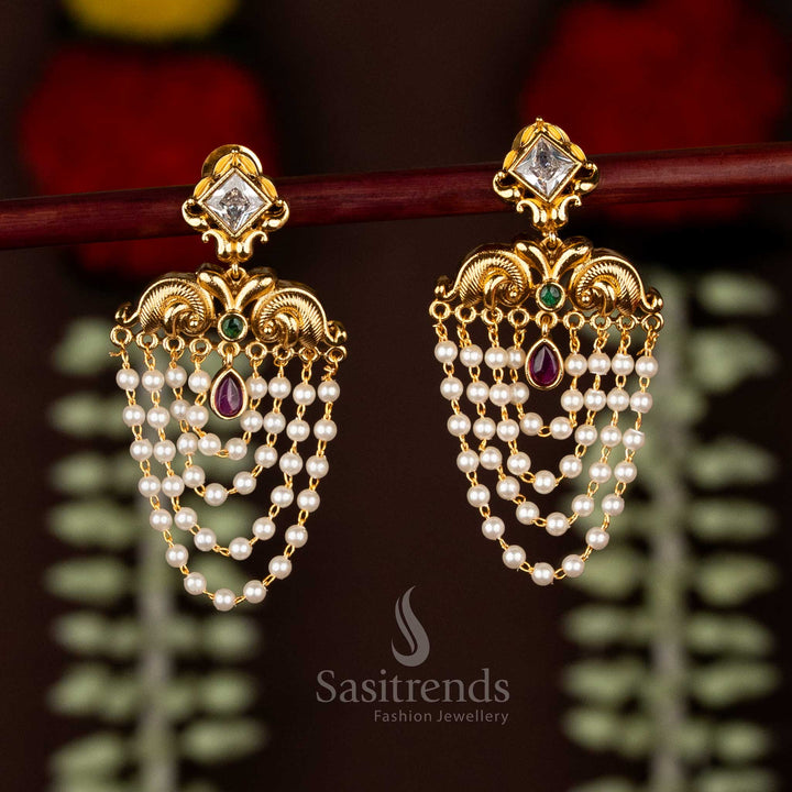 Temple Matte Gold Plated AD Stone Marquise-Cut Stud with Pearl Jhalar Drop Earrings – Premium Temple & Bridal Jewellery
