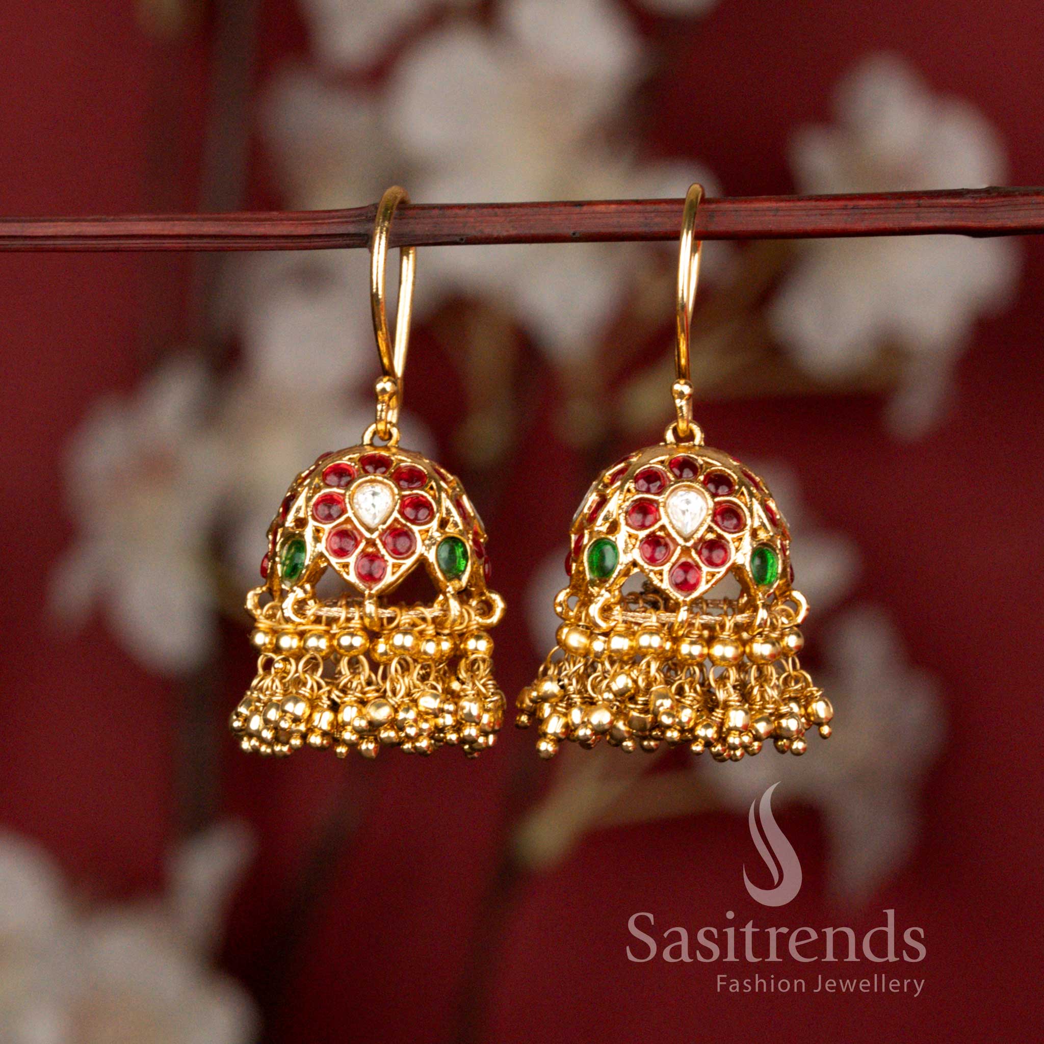 Temple Matte Gold Plated Traditional Jhumka Earrings with Hanging Gold Beads and Floral Stone Design for Women - Sasitrends