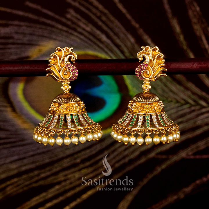 Attractive Temple Matte Gold Plated Peacock Bell Dome Jhumka Earrings for Pooja & Festive Wear