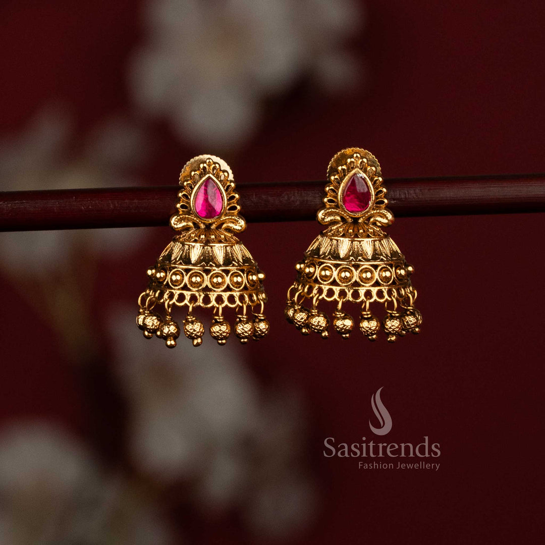 Sasitrends heritage style temple earrings with sculpted dome jhumka and rhythmic hanging bead accents