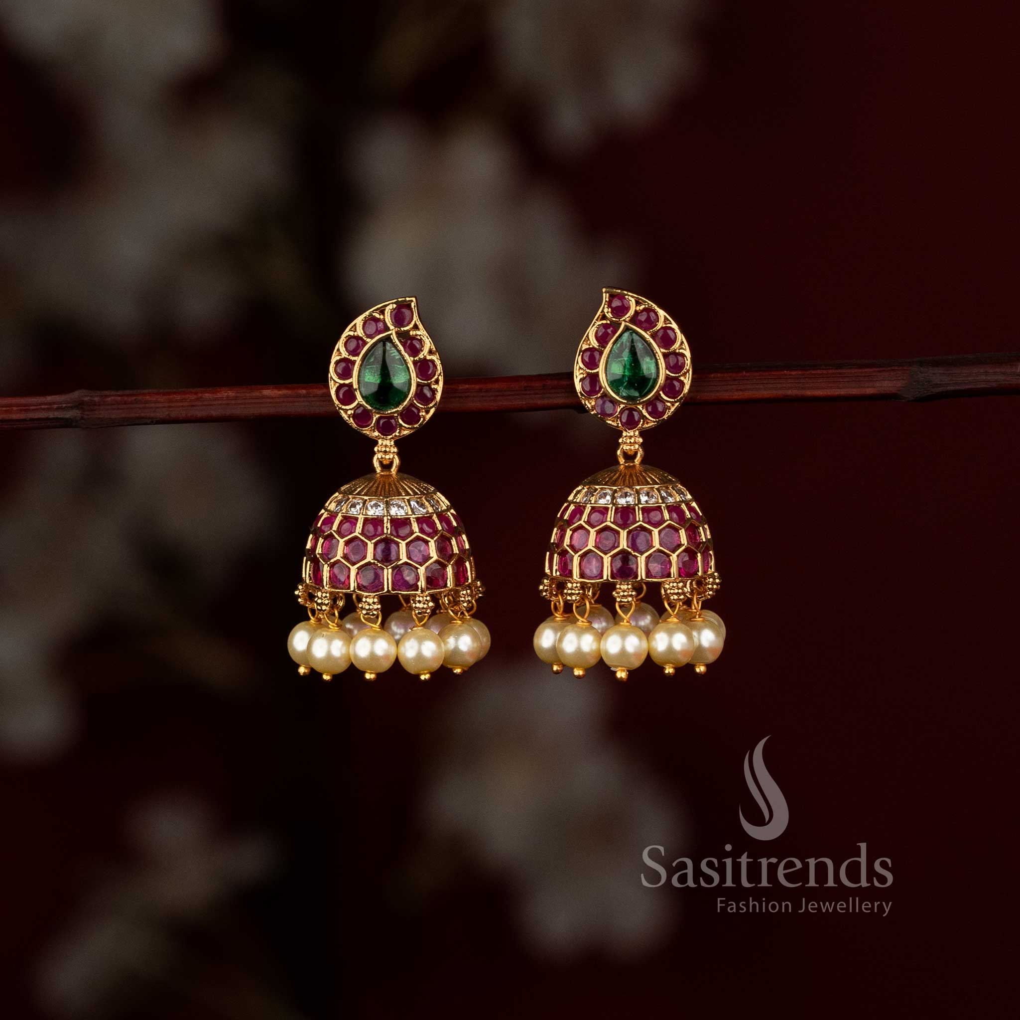 Elegant Matte Gold Plated Dome Jhumkas with Stone Accents and Pearl Hangings - Sasitrends