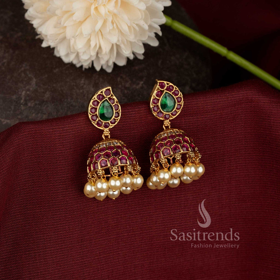 Elegant Matte Gold Plated Dome Jhumkas with Stone Accents and Pearl Hangings - Sasitrends