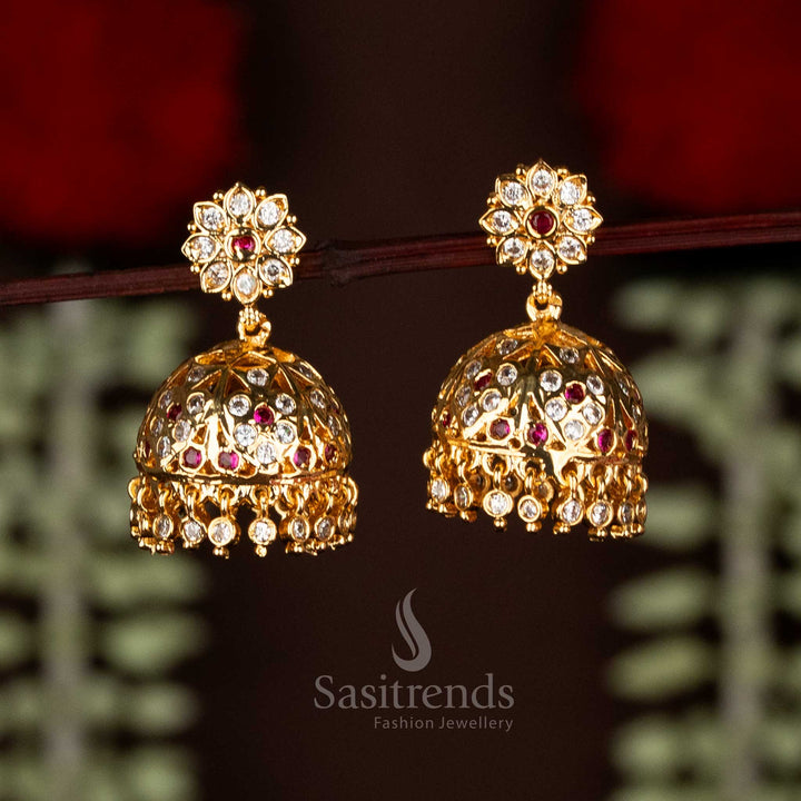 Sasitrends Impon Addigai One Gram Micro Gold Plated White Ruby AD Stone Floral Jhumka Earrings – Guaranteed Traditional Look