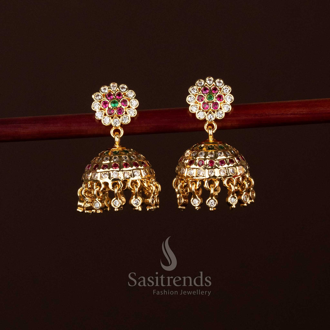 Guaranteed Impon Addigai Micro Gold Plated Floral Top Multi AD Stone Jhumka Earrings , Look Like Real gold - Sasitrends
