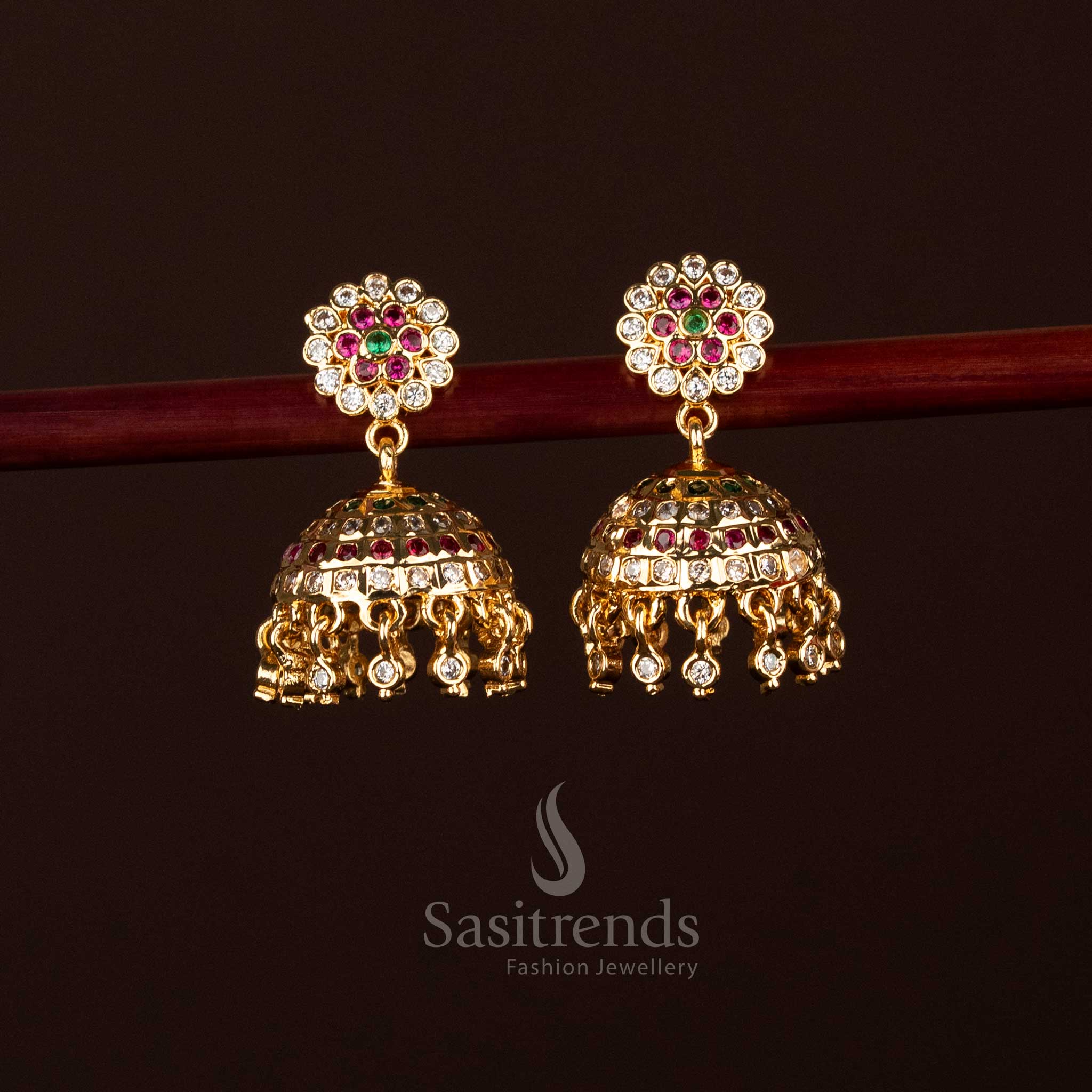 Guaranteed Impon Addigai Micro Gold Plated Floral Top Multi AD Stone Jhumka Earrings , Look Like Real gold - Sasitrends