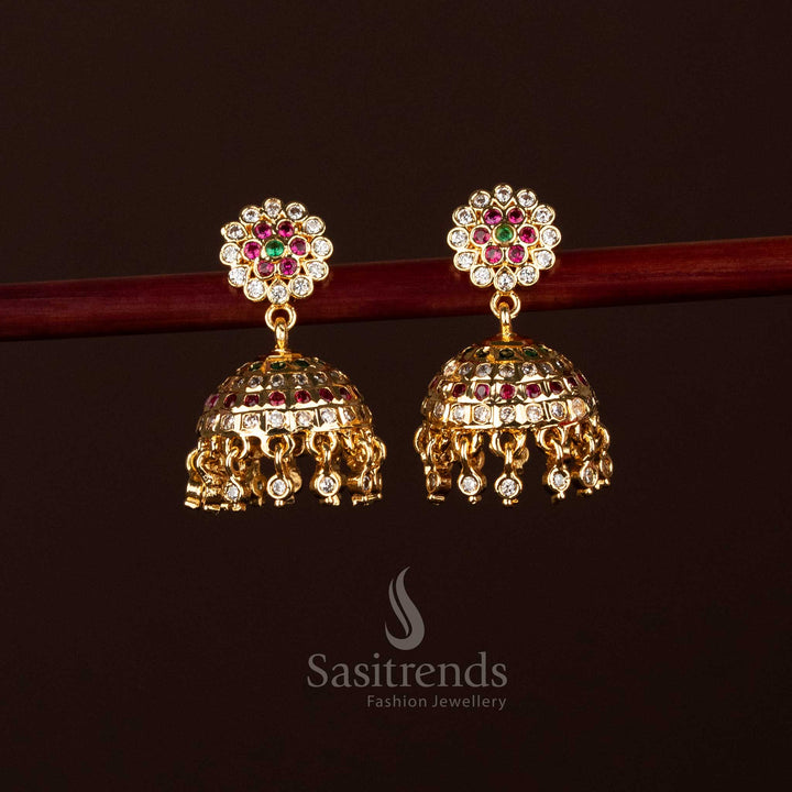 Premium Impon Addigai 24K Micro Gold Plated AD Stone Floral Top Jhumka Earrings – Traditional & Festive Wear