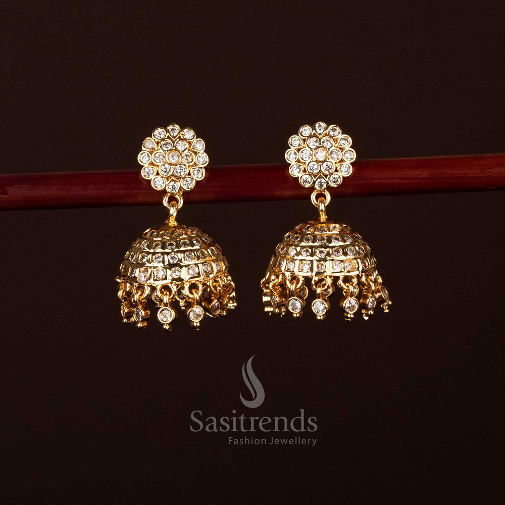 Traditional Impon Addigai One Gram Micro Gold Plated Floral Top White AD Stone Jhumka Earrings , Look Like Real gold - Sasitrends