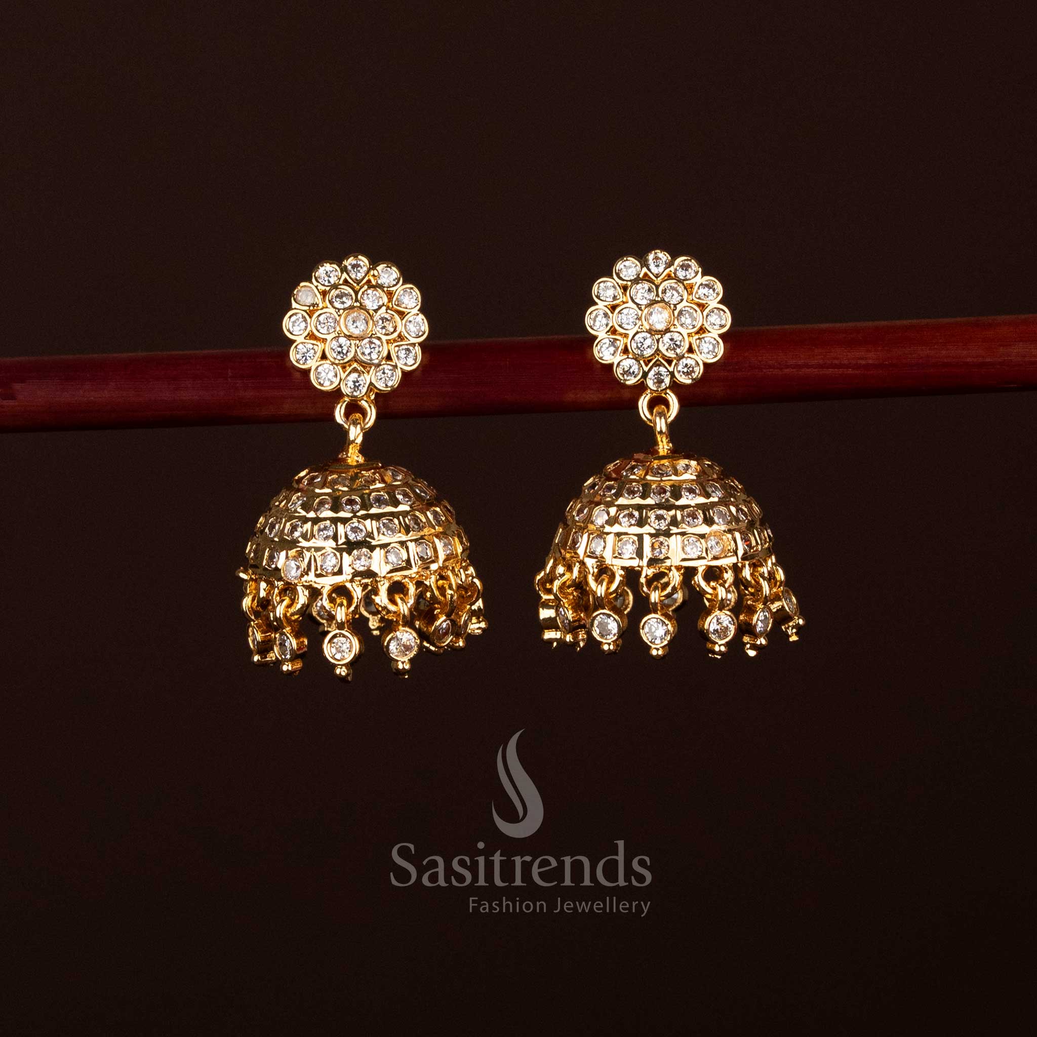 Traditional Impon Addigai One Gram Micro Gold Plated Floral Top White AD Stone Jhumka Earrings , Look Like Real gold - Sasitrends