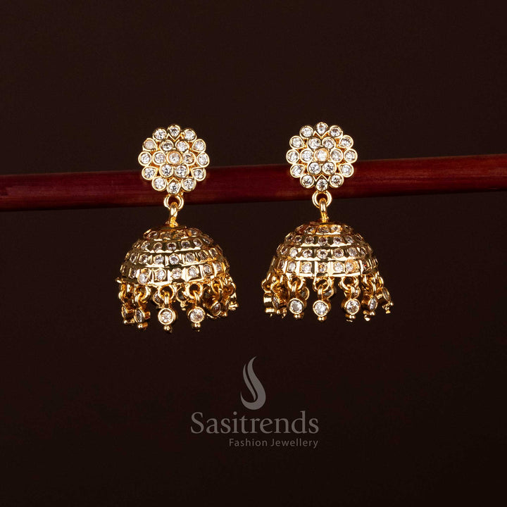 Traditional Impon Addigai One Gram Micro Gold Plated Floral Top White AD Stone Jhumka Earrings , Look Like Real gold - Sasitrends