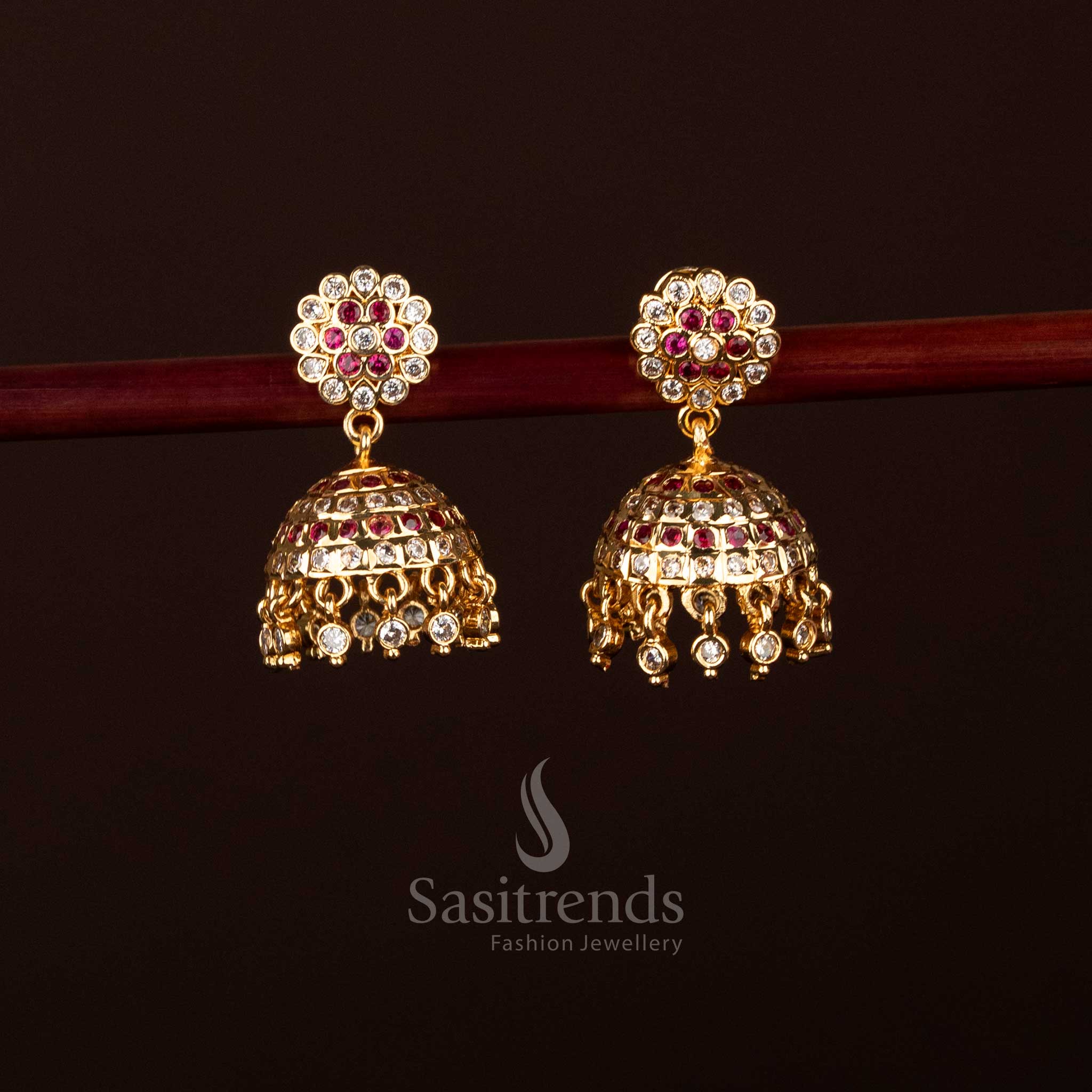 Guaranteed Impon Addigai 24K Micro Gold Plated Floral Top White Ruby AD Stone Jhumka Earrings , Look Like Real gold - Sasitrends