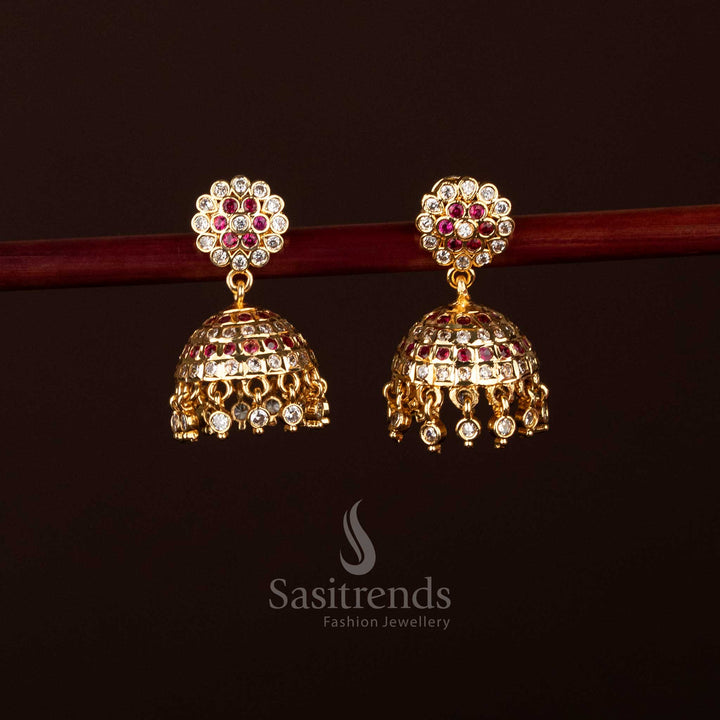 Guaranteed Impon Addigai 24K Micro Gold Plated Floral Top White Ruby AD Stone Jhumka Earrings , Look Like Real gold - Sasitrends