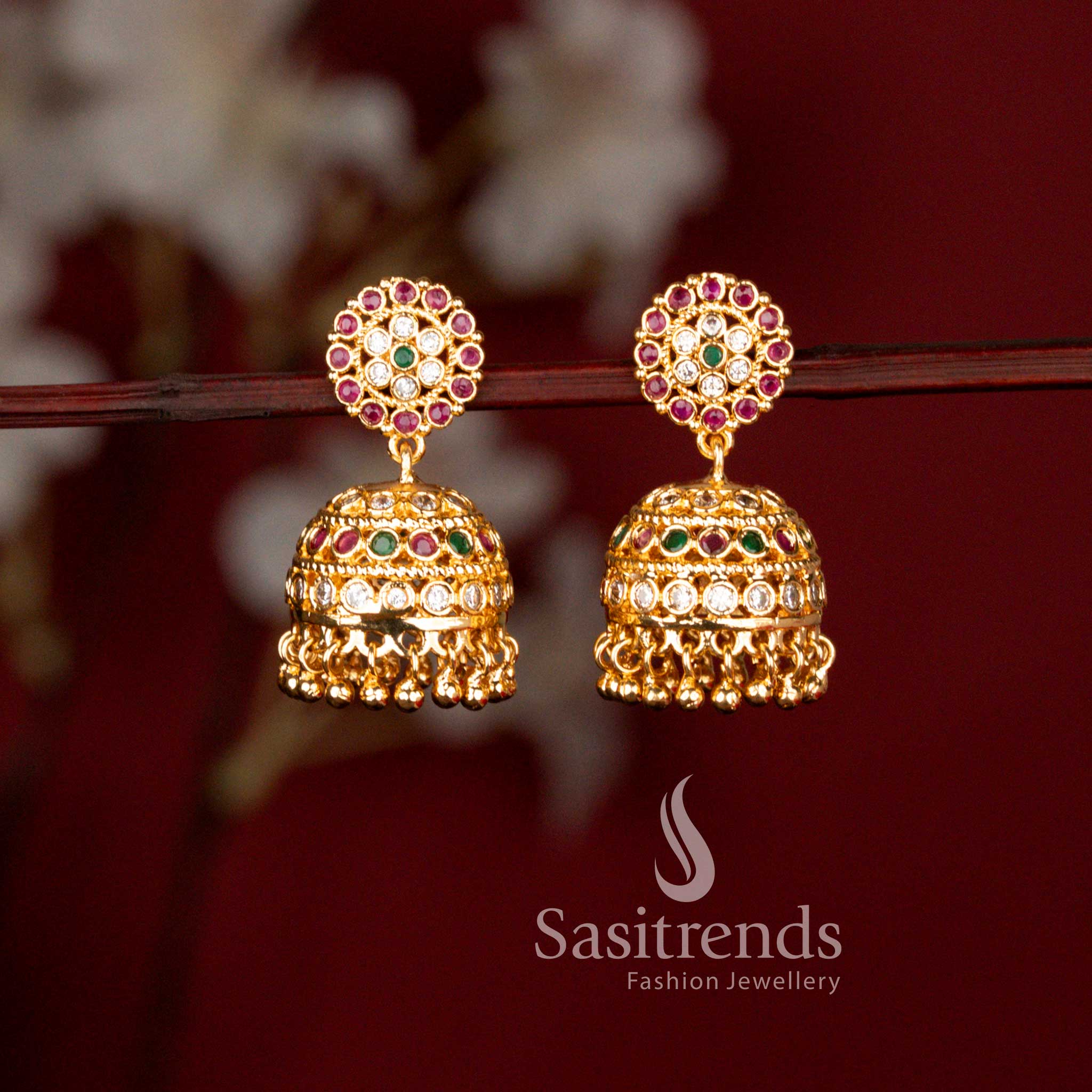 Impon Micro Gold Plated American Diamond Circular Cluster Jhumka Earrings with Real Gold Look Finish for Women - Sasitrends