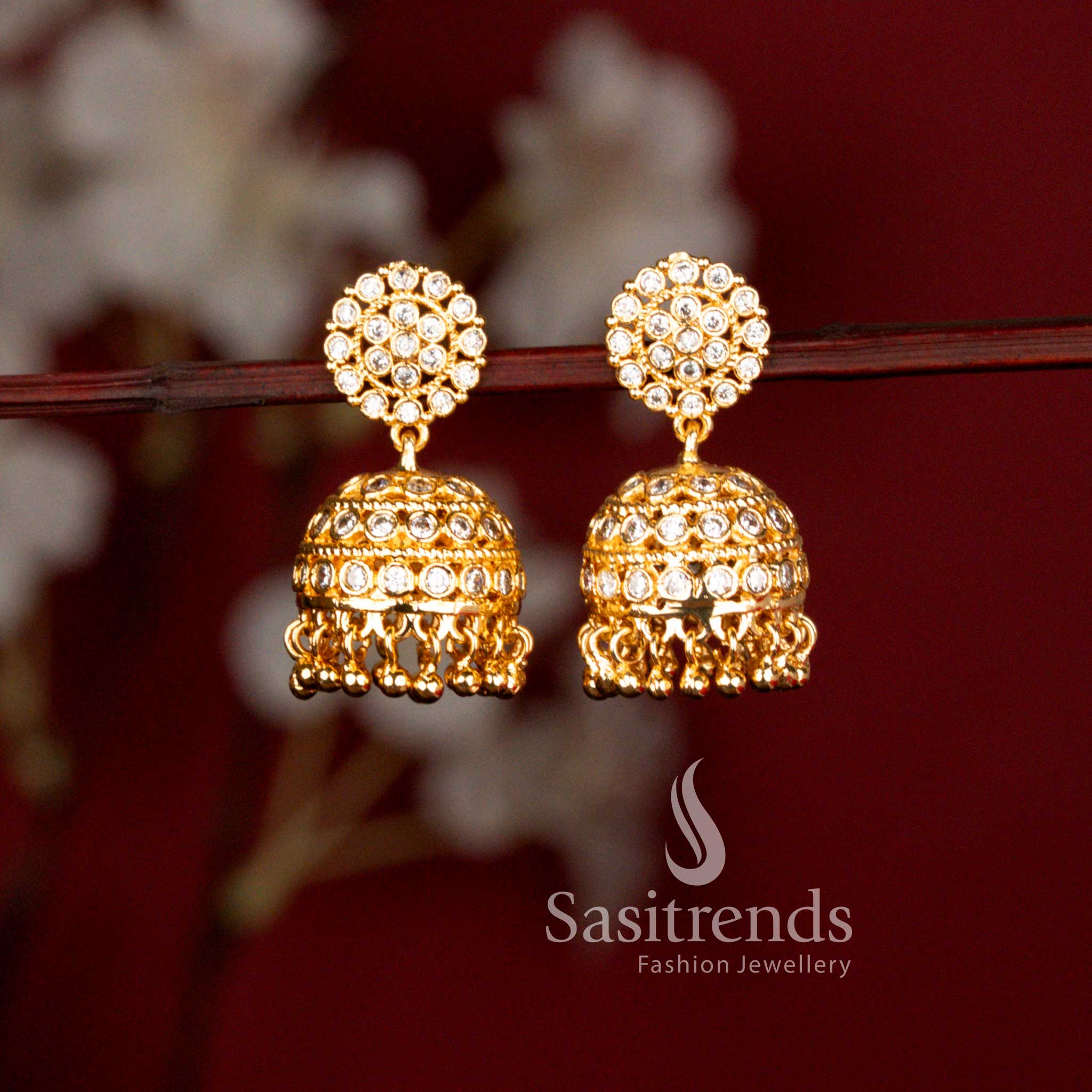Guaranteed Impon Micro Gold Plated AD Circular Cluster Jhumka Earrings for Traditional and Festive Wear - Sasitrends