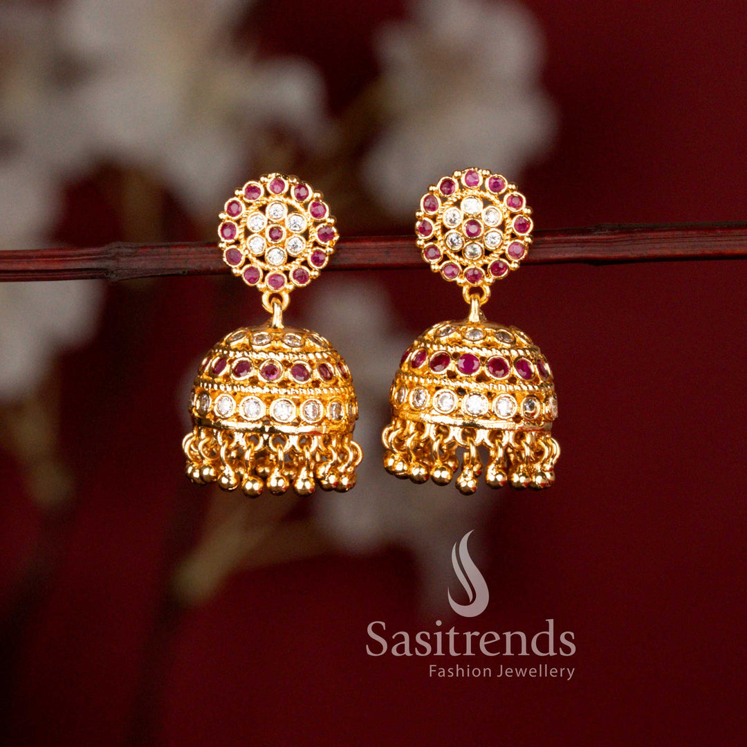 Elegant Impon Micro Gold Plated American Diamond Cluster Jhumka Earrings for Women | Look Like Real Gold - Sasitrends