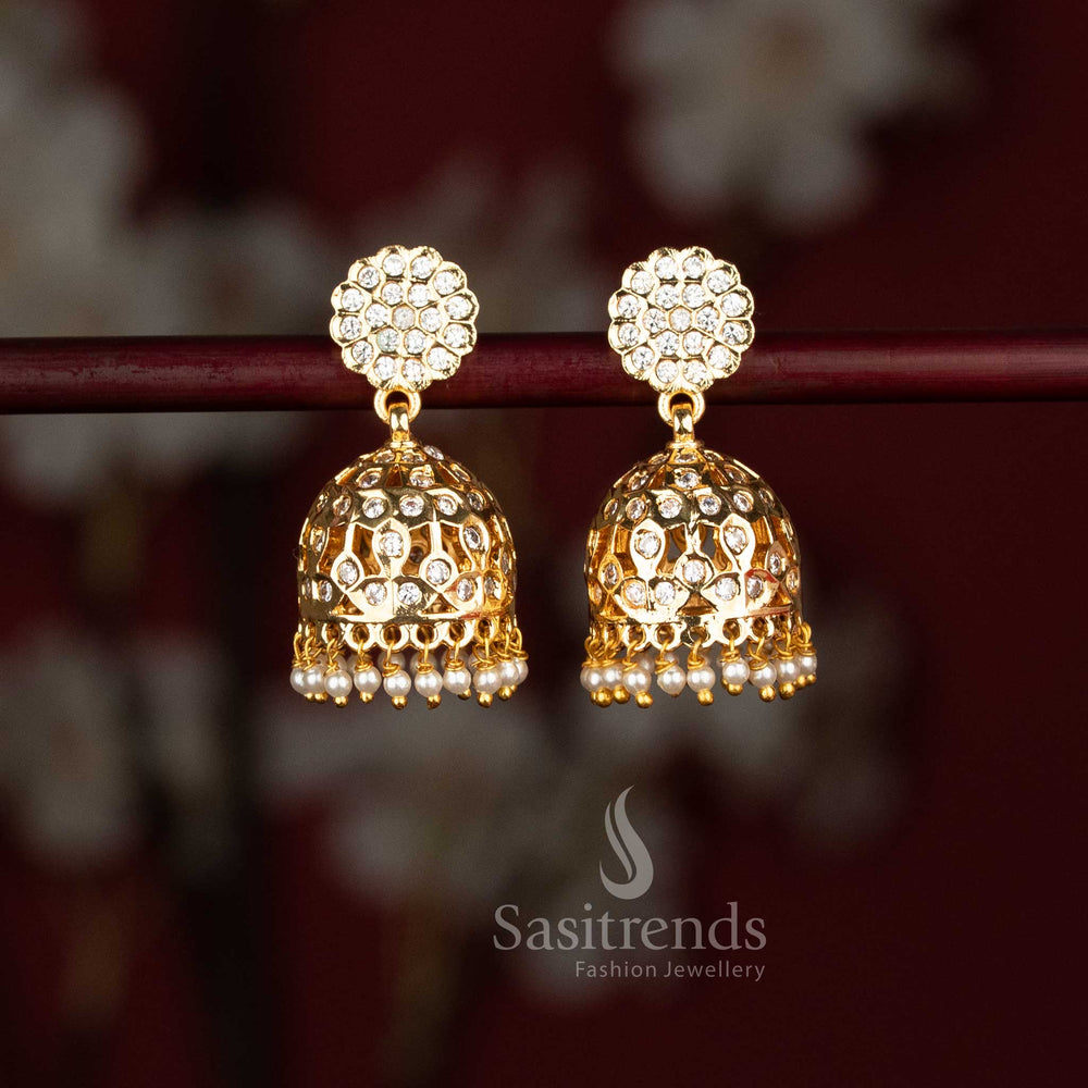 Impon Micro Gold Plated AD Stone Floral Top Pearl Jhumka Earrings
