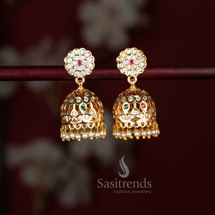 Impon Micro Gold Plated AD Stone Floral Top Pearl Jhumka Earrings - Sasitrends