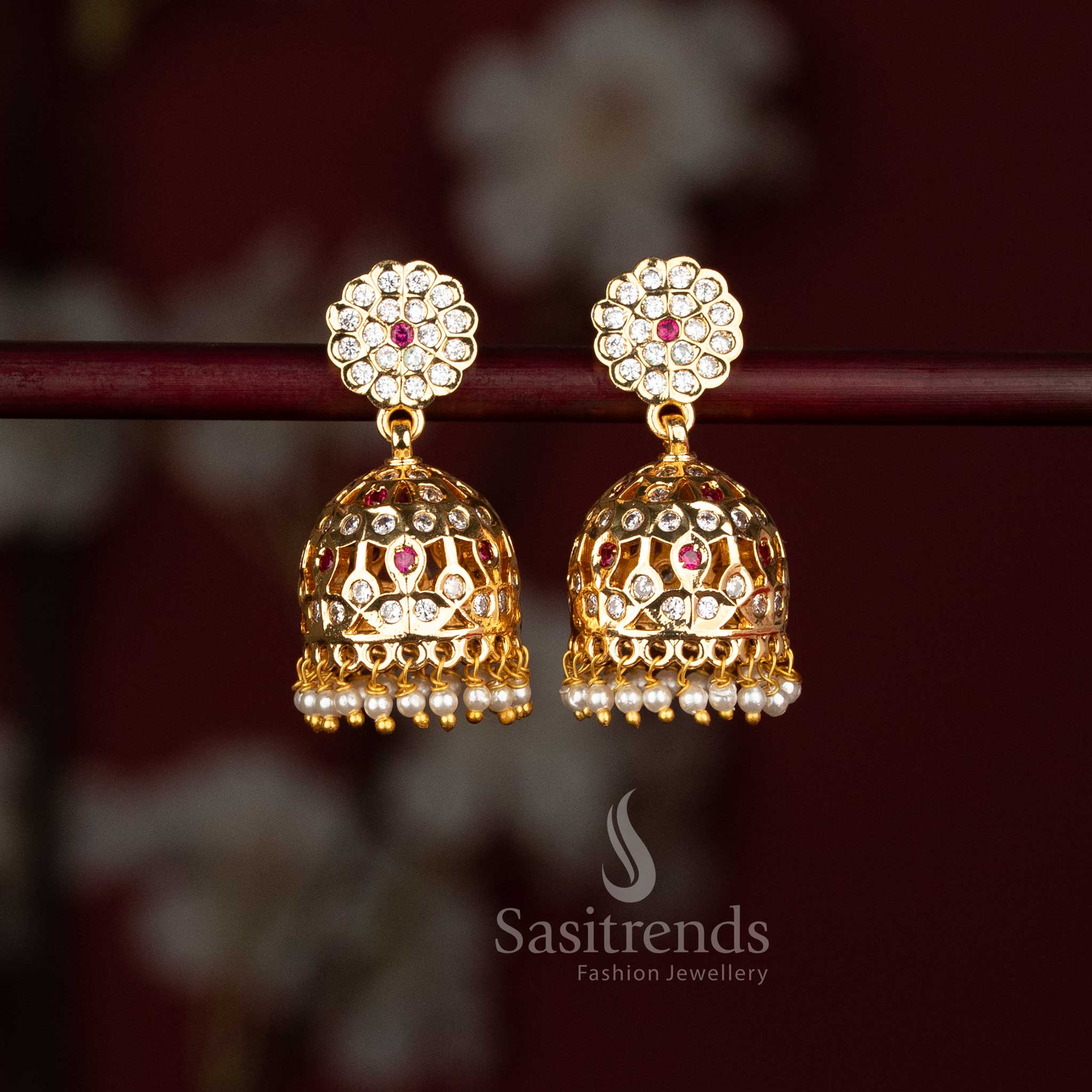 Sasitrends Impon White Ruby Stone Traditional Pearl Drop Jhumkas