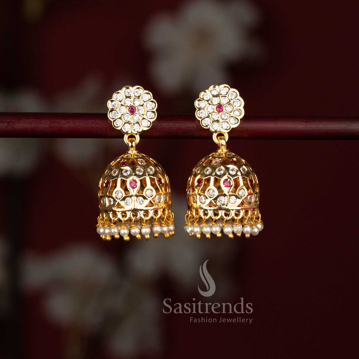 Sasitrends Impon White Ruby Stone Traditional Pearl Drop Jhumkas