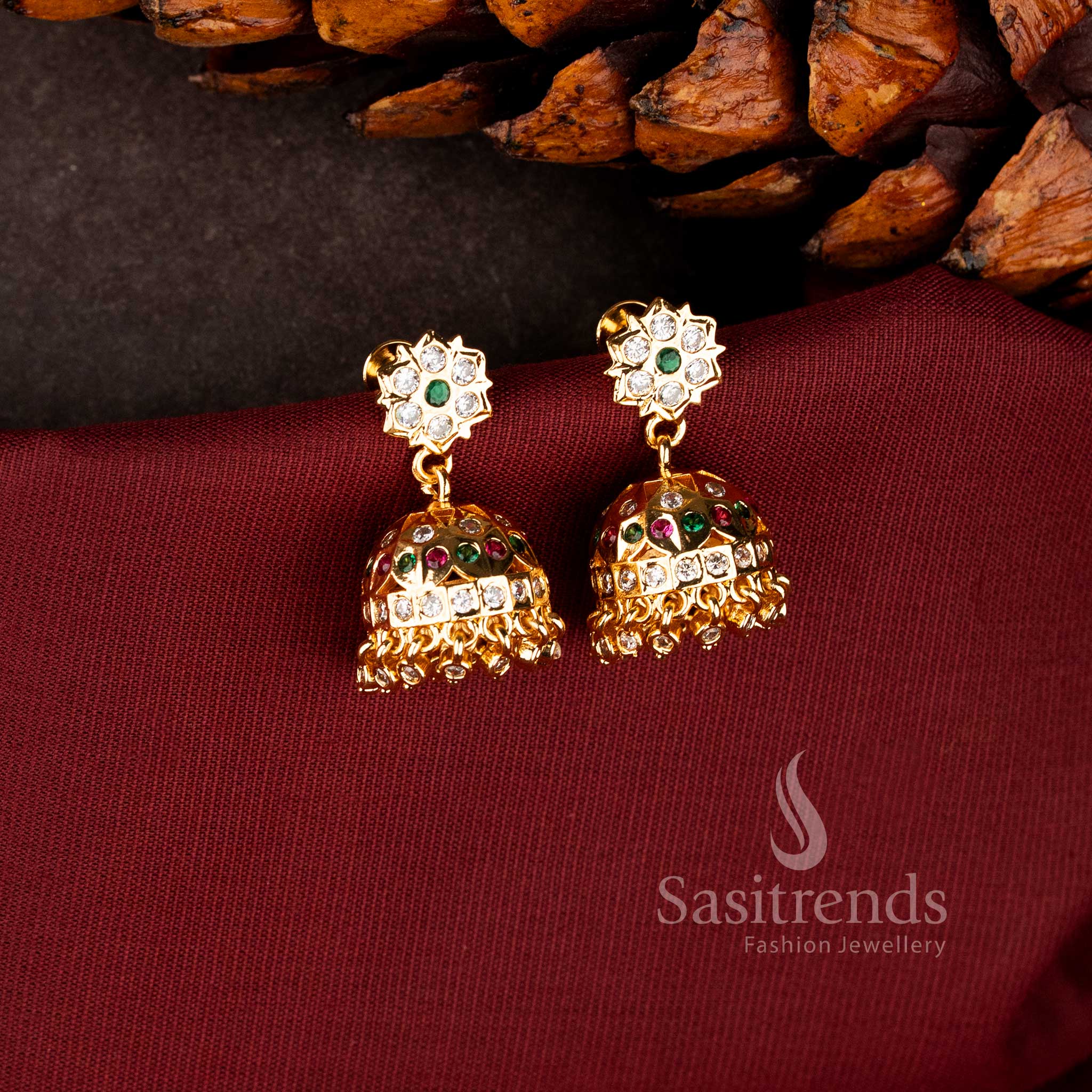 Detailed view of American Diamond studded micro gold plated Jhumka earrings - Sasitrends