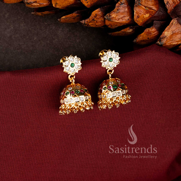 Detailed view of American Diamond studded micro gold plated Jhumka earrings - Sasitrends