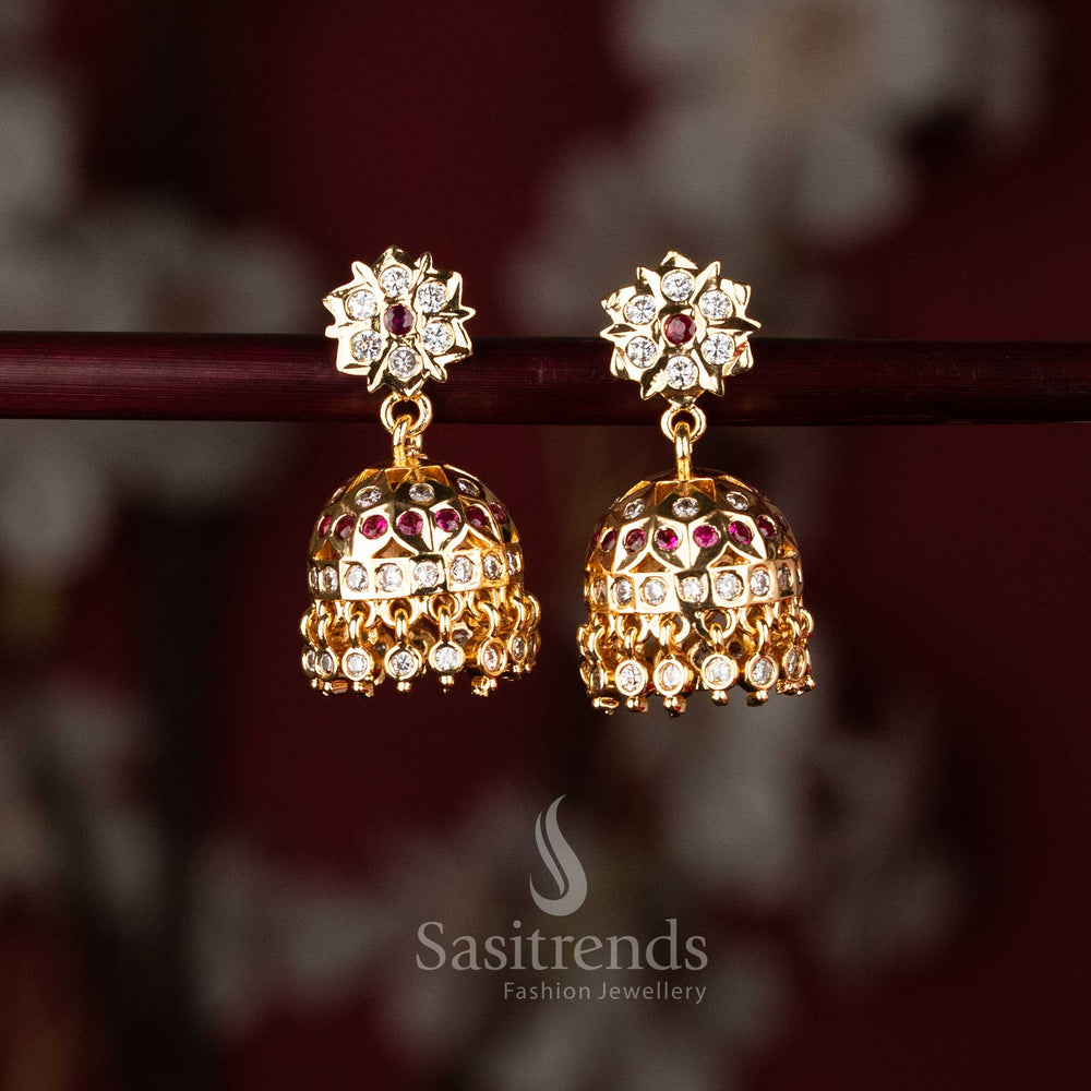  American Diamond studded micro gold plated Jhumka earrings - Sasitrends
